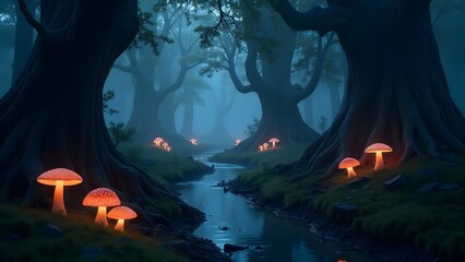 Enchanted Forest Stream with Glowing Mushrooms in a Mystical, Dreamlike Landscape