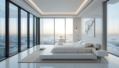 "A minimalist luxury penthouse bedroom atop a skyscraper, all-white design with a low-profile platform bed, floor-to-ceiling windows showcasing clouds, a single abstract art piece, and a sunrise glow 