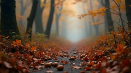 Autumnal Pathway Through Misty Forest with Orange Leaves and Mellow Atmosphere