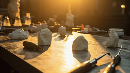Creative workshop scene featuring sculpting tools and clay pieces in warm sunlight