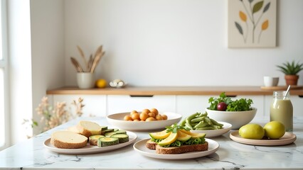 Fresh, Healthy Food Arrangement on a Marble Table with Sandwich, Fruit, and Salad