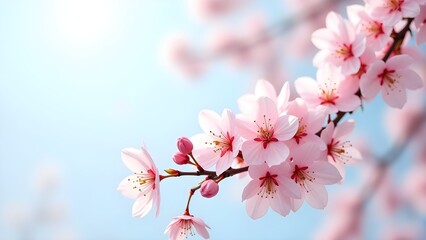 Soft Focus Pink Cherry Blossoms in Springtime: Delicate Beauty of Sakura on a Sunny Day