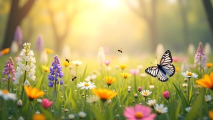 Butterfly and Bees in a Field of Colorful Wildflowers on a Sunny Day in Spring or Summer