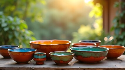 Artisanal Ceramic Bowls on a Rustic Wooden Table with Natural Light and Garden Backdrop
