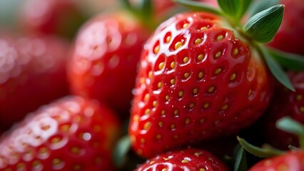 Vibrant Close-Up of Fresh Ripe Strawberries: A Delicious Macro View of Red Berries with Green Leaves