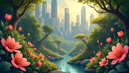 Picturesque Cityscape: River, Flowers, Lush Greenery, and Towering Buildings
