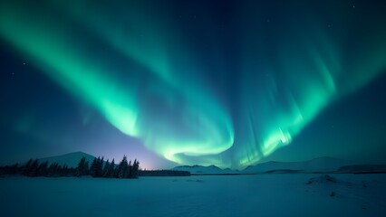 Majestic Aurora Borealis Over a Snowy Winter Landscape with Mountains and Forest at Night
