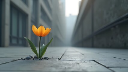 Resilient Tulip Blooming in Urban Landscape: Symbol of Hope and Perseverance