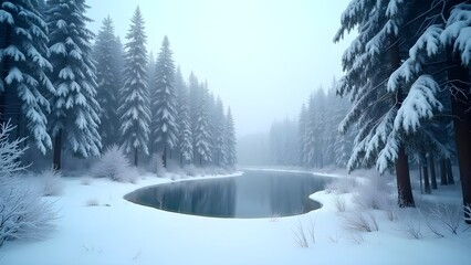 Serene Winter Landscape: Snow-Covered Trees Reflect in Calm Lake Under Misty Sky - Forest Tranquility