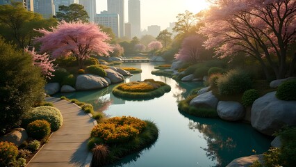 Picturesque Cityscape Garden with Cherry Blossoms, Tranquil River, and Modern Skyline