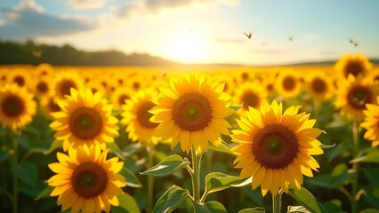 Vibrant Field of Sunflowers in Full Bloom Under a Sunny Sky at Sunset
