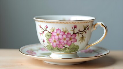 Elegant teacup with a pink floral pattern, placed on a matching saucer for a refined tea-drinking experience.