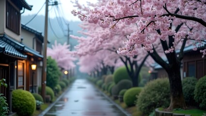 Fototapeta premium Rainy Spring Day in Japan with Cherry Blossoms Along Traditional Street