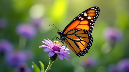 Obraz premium Monarch Butterfly on a Purple Flower with a Detailed Close-Up of its Wings and Body 
