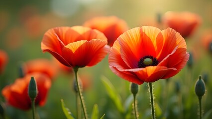 Naklejka premium Vibrant red poppies bloom in a sun-drenched field on a bright day in spring and summer. Macro close-up and natural beauty.