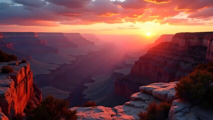 Fototapeta premium Grand Canyon's Splendor: A Majestic Sunrise Over the Valley, Cliffs, and Red Rock Formations