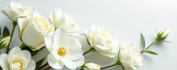 Fototapeta premium Luxurious white rose and lisianthus arrangement; pure white backdrop , studio, delicate