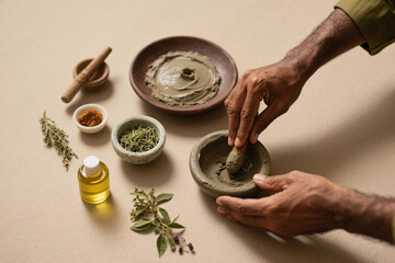 Fototapeta premium Masculine hands of middle-aged men mixing Ayurvedic herbs, oils, clay masks in a top-down neutral toned flat lay, showcasing detox skincare ritual with dark and olive skin tones