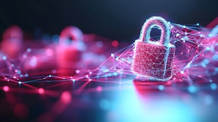 Glowing polygonal padlock rests on a network of pink and blue light nodes, suggesting digital security