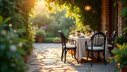 Obraz premium Elegant Outdoor Dining Scene on a Stone Patio With Table Set for a Gourmet Meal in a Lush Garden Setting