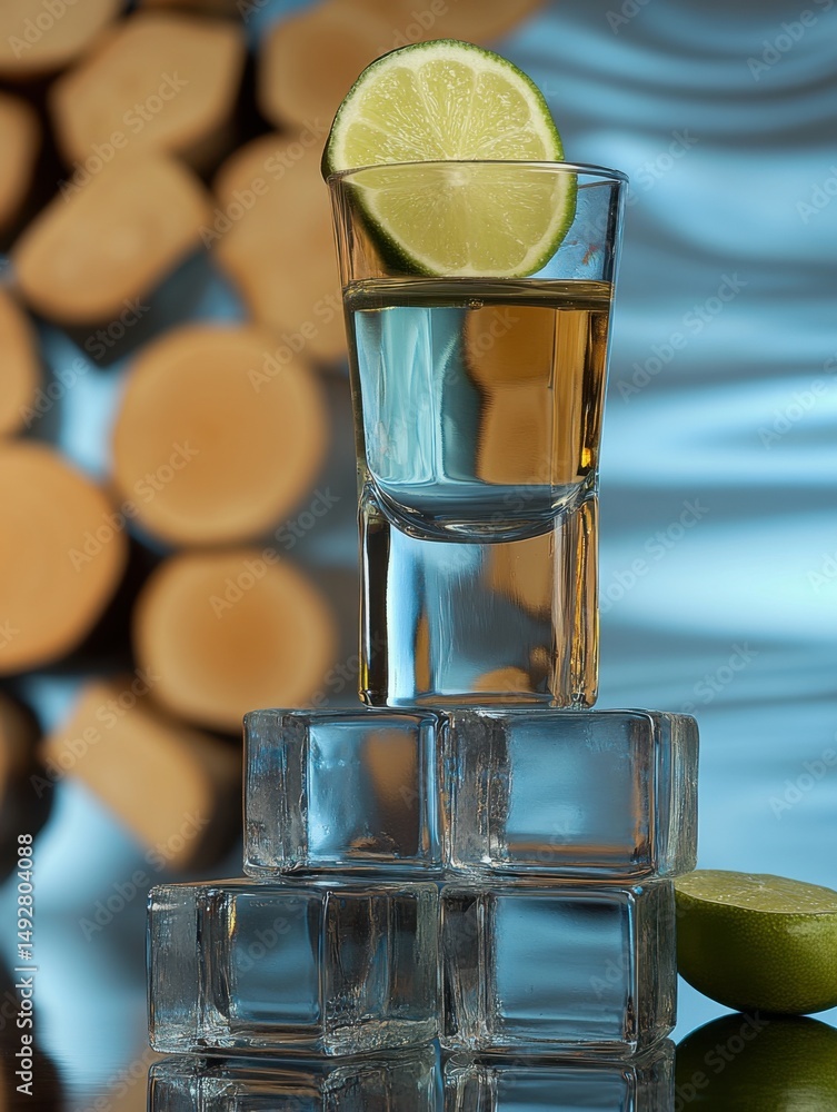Poster tequila shot with lime on ice cubes close up studio shot still life with blurred background and refl