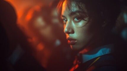 Naklejka premium Intense portrait of a young woman with captivating eyes in moody lighting