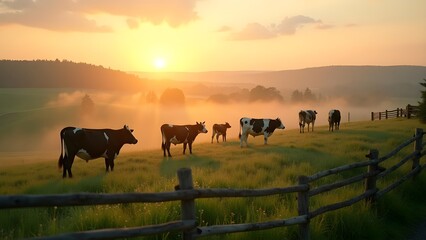 Cows Grazing in Field at Sunrise: Scenic Pasture with Livestock, Fog, and Golden Light in the Countryside