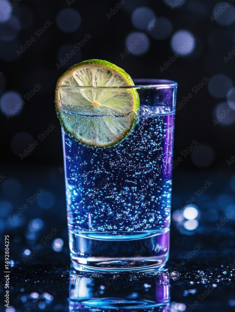 Poster refreshing fizzy drink with lime slice in glass against bokeh background studio shot close up vibran
