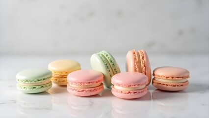 Obraz premium Elegant Assortment of Colorful French Macarons on Marble Surface for Gourmet Delights and Culinary Presentation
