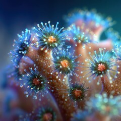 Close-up of Zoanthid Coral Polyps in Reef Aquarium, Macro Photography, Vibrant Colors, Underwater Marine Life, Captivating Detail