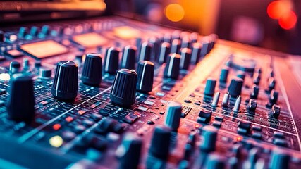 Professional DJ mixer with illuminated buttons in a recording studio, perfect for dynamic audio mixing and sound control - Powered by Adobe