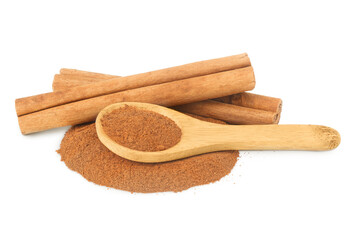 Cinnamon sticks with powder in wooden spoon isolated on white background with full depth of field