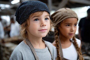 Obraz premium Two children dressed in early historical attire, looking curiously at their surroundings, embodying innocence, discovery, and the essence of childhood adventures in a historical context.