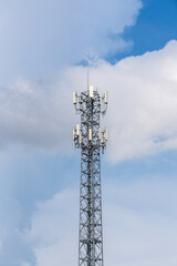 Telecommunication tower or Mobile phone tower with 5G cellular network . Global connection and internet network concept.
