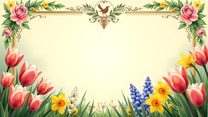 Elegant Flower Frame with Tulips, Roses, Daffodils, and Hyacinths for Springtime Designs