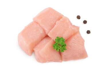 Raw diced chicken fillet isolated on white background. Top view. Flat lay