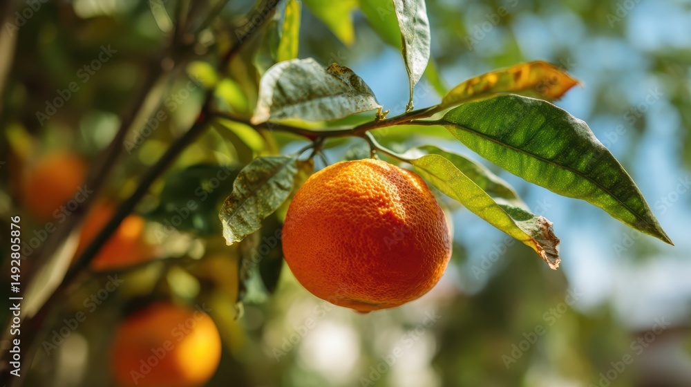 Poster vibrant orange hanging from a citrus tree branch with lush green leaves and soft blurred background 