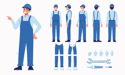 
Handyman, repair worker, plumber in uniform. Character constructor for animation. Front, side and back view set. Body parts, postures, poses collection. Vector 