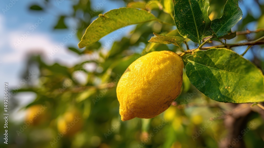 Aufkleber ripe lemon hanging on a tree branch with vibrant green leaves illuminated by warm sunlight in a citr