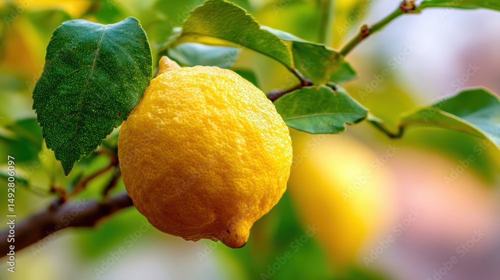 Aufkleber close up view of a ripe lemon on a branch with green leaves showcasing natural citrus fruit and fres