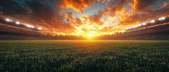 Stadium Glow Golden Hour Lights Up the Football Arena with Fiery Sunset Skies