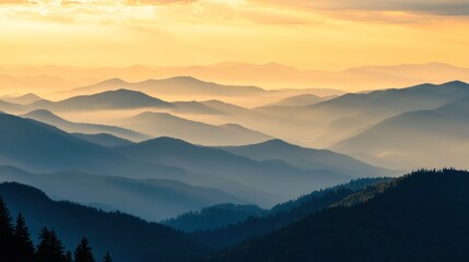 Obraz premium A layered mountain landscape with golden light illuminating each ridge at sunset
