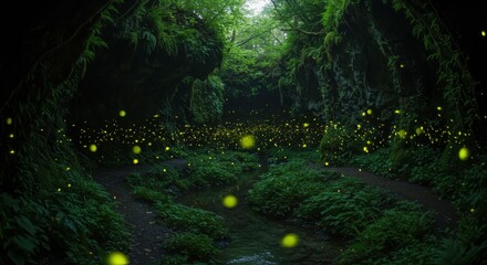 Enchanting Firefly Spectacle Nighttime Glow in Lush Green Forest
