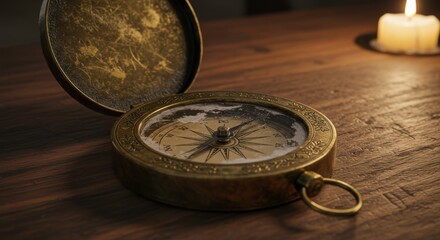 Antique Brass Compass on Wooden Table Vintage Navigation Tool Dusty Surface Close up