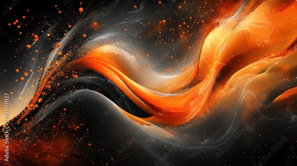 Poster dynamic orange waves contrast against dark space and sparkling dust elements. it can create energeti
