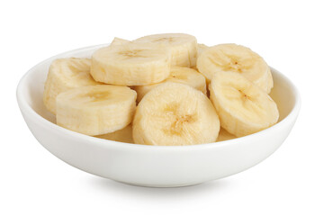 peeled banana pieces in ceramic bowl isolated on white background