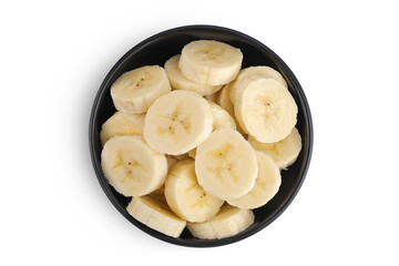 peeled banana pieces in ceramic bowl isolated on white background. Top view. Flat lay.