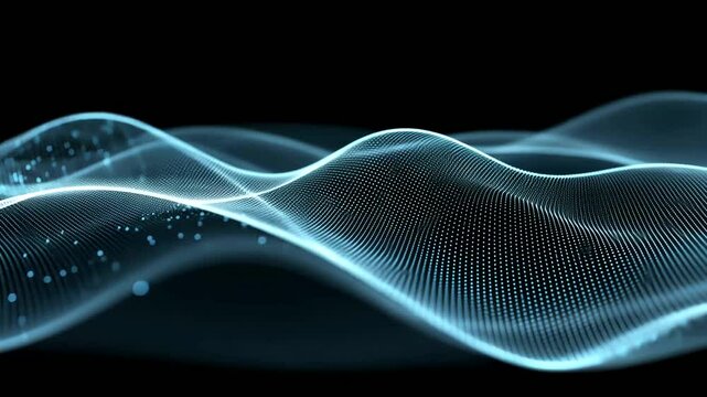 Digital waves undulate against dark backdrop, intricate lines of light create a compelling futuristic display