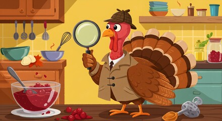 Cartoon turkey detective analyzing pie recipe in colorful kitchen