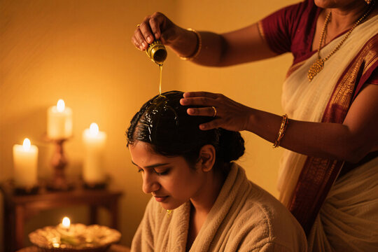 Herbal Oil Head Massage (Shiro Abhyanga) for Anxiety Relief, Warm Oil Dripping on Scalp, Therapist's Hands in Serene Candlelit Atmosphere